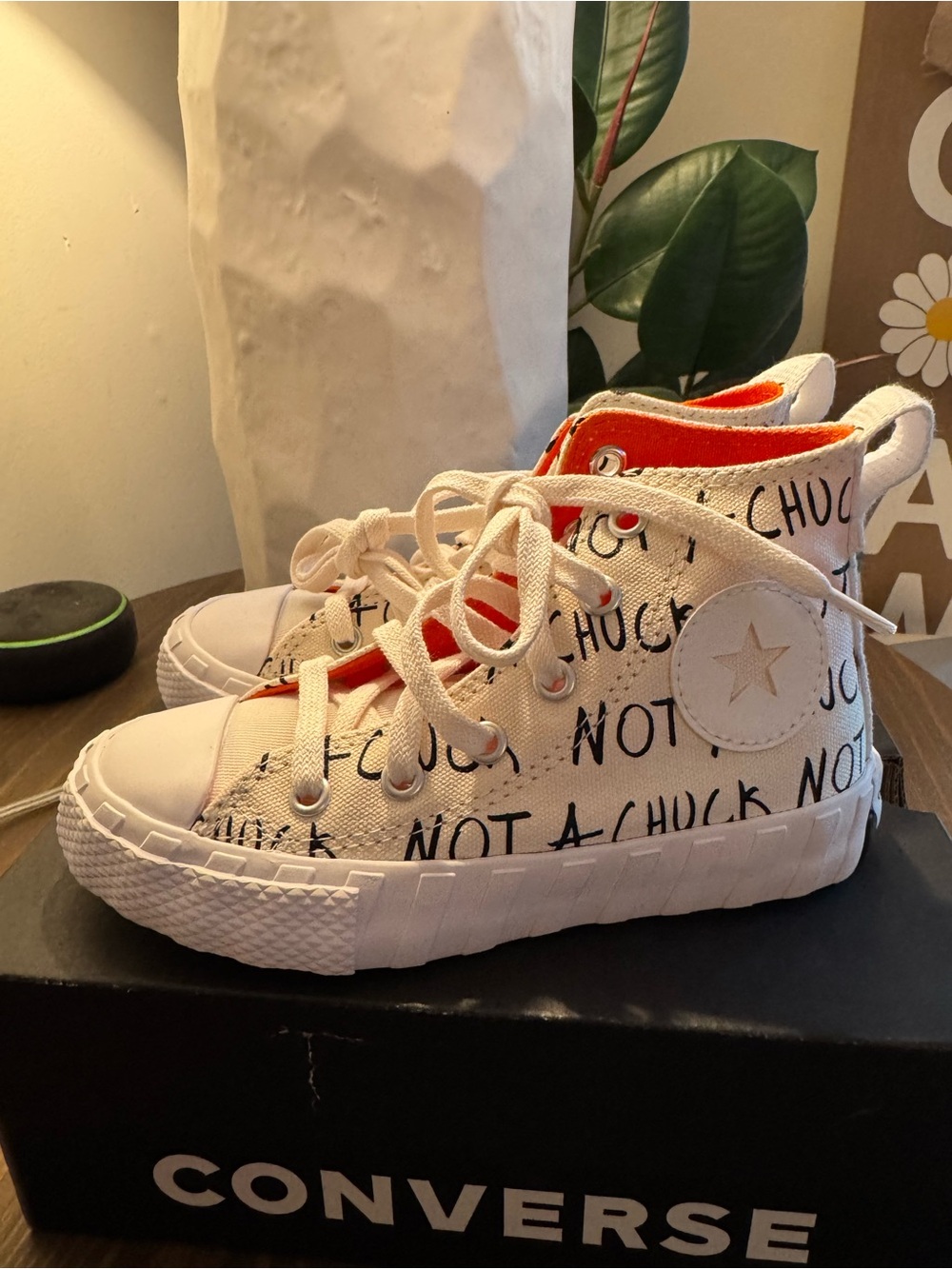 Converse High-Top Canvas Sneakers in White with Orange Lining Toddler